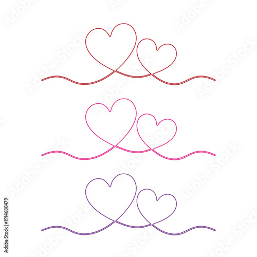 Two love hearts vector illustation art design. ribbon calligraphy line decoration, intertwined hearts outlines, greeting invitation, wedding love, valentines, mother day, romantic feelings.