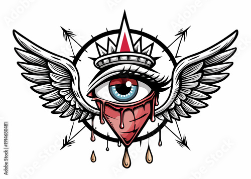 A human eye with angel wings, a crown, and drips sits within a compass-like wheel with arrows.