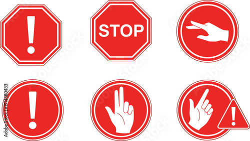 Stop and warning sign collection, red prohibition symbols with exclamation mark hand gesture and octagon slight background vector