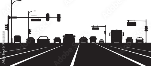 Black and white city street with traffic and traffic lights