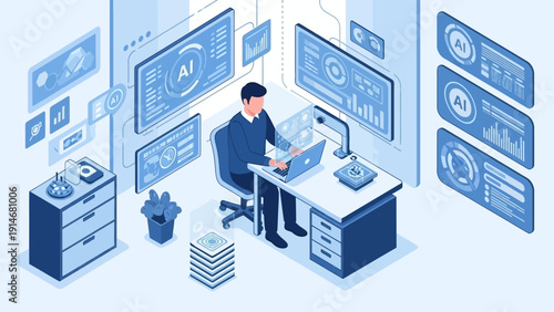 Businessman leveraging AI technology for data analysis at modern office desk