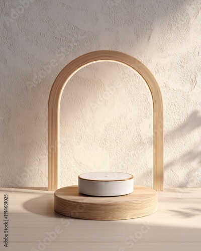Wooden Podium Display With Archway Under Soft Light