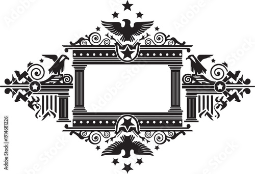 American patriotic banner frame eagle stars column silhouette vector illustration line art design