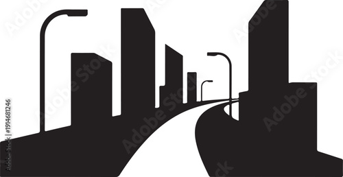 Black and white cityscape with curved road and streetlights