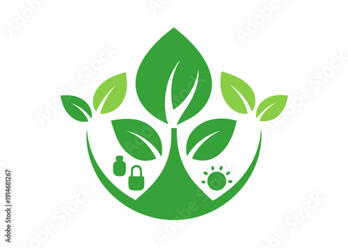Green leaves nature eco logo with a central plant, smaller leaves, and symbolic elements within a curve.