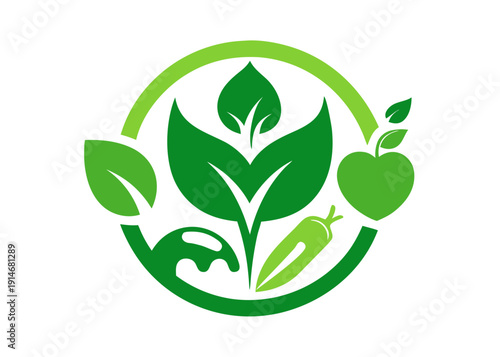 Green leaves nature eco logo with a central plant, apple, chili, and splash inside a circular frame.