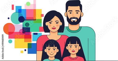 Illustration of a happy family with two children and parents together.