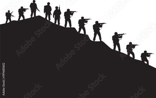 Soldiers on hill silhouette vector illustration line art military infantry battle scene