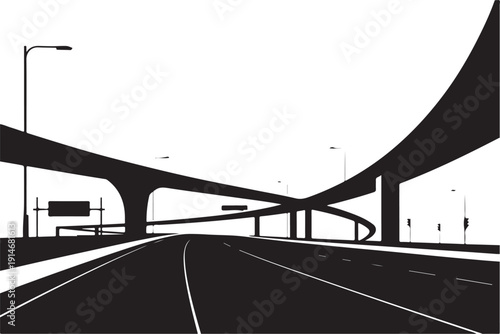 Black and white highway overpass with multiple lanes and streetlights