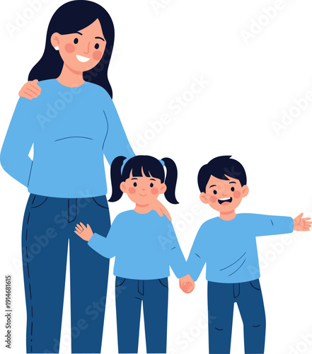 Happy mother with two smiling children holding hands together.