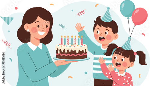 Happy family celebrating birthday with cake and balloons.