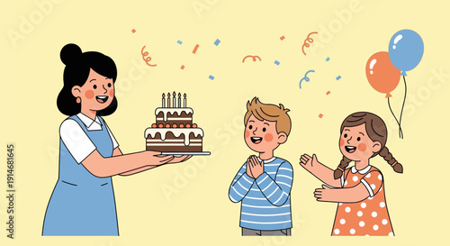 Happy children celebrating birthday with cake and balloons.