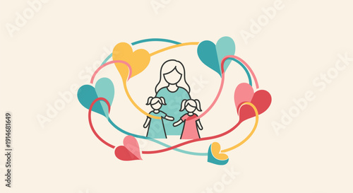 Simple illustration of a girl surrounded by hearts and flowing lines.