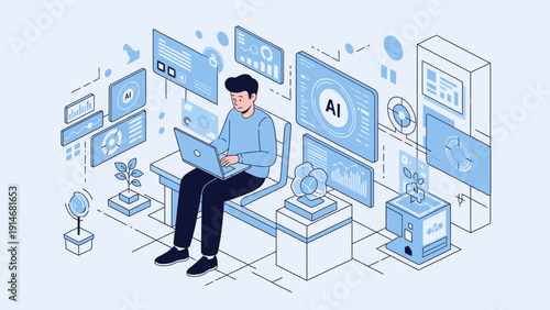 Man working on laptop surrounded by AI and data analysis screens