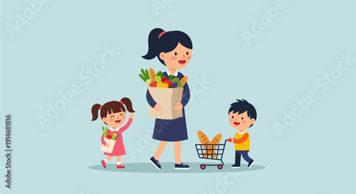 Mother and children shopping for fresh produce together.