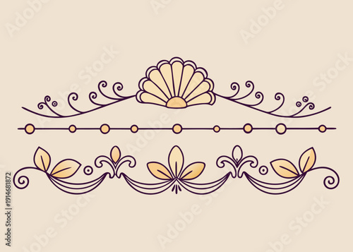 Hand drawn decorative dividers with fan shapes, dots, and leaves in beige, light yellow, and dark purple lines.