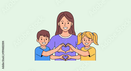 Mother and Children Forming a Heart Shape with Their Hands Together.
