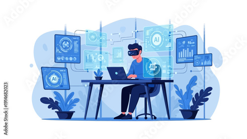 Man using VR headset while working on laptop with AI data visualization