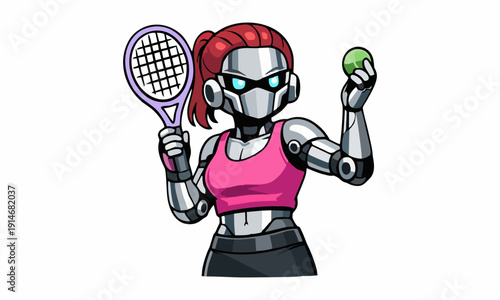 Futuristic robotic tennis player cartoon illustration