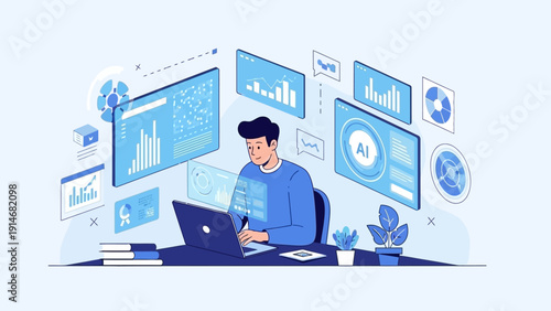 Man analyzing data on laptop with AI insights in modern workspace