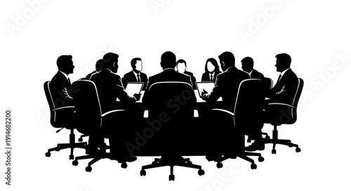Corporate Business Meeting Silhouette Vector Illustration. Executives and Team around Boardroom Table for Collaboration and Strategy.