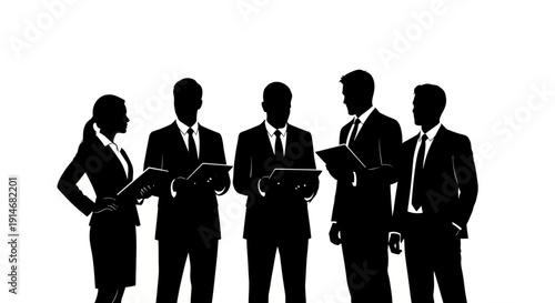 Corporate Business Team Silhouette Holding Documents. Professional Collaboration Vector Graphic on White Background.