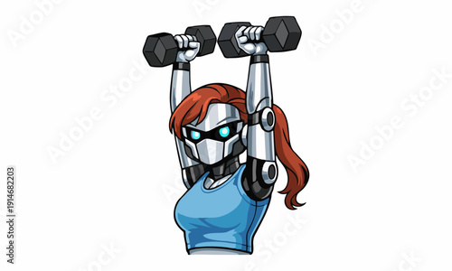 Robot strength in action cartoon illustration