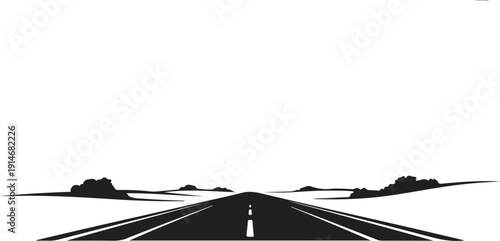 Black and white road stretching towards distant hills