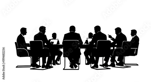 Business Team Meeting Silhouette. Conference Table Discussion, Corporate Strategy, and Negotiation. Isolated Illustration.