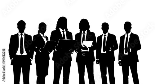 Professional Business Team Silhouette Vector Illustration. Corporate Group of Men and Women Standing Together on White Background.