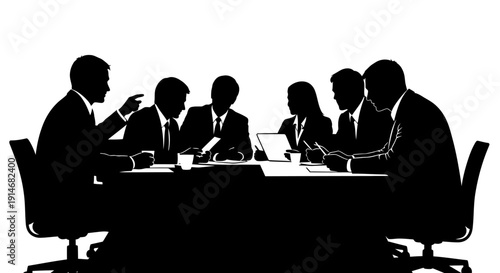 Corporate Business Meeting Silhouette: Team discussing strategy at a conference table, black and white vector illustration of executive teamwork and leadership.