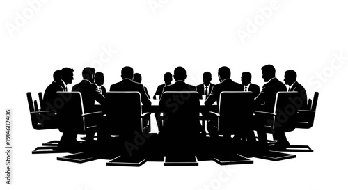Business Meeting Silhouette: Corporate Team in Boardroom. Black and White Graphic Vector Icon for Leadership and Decision Making