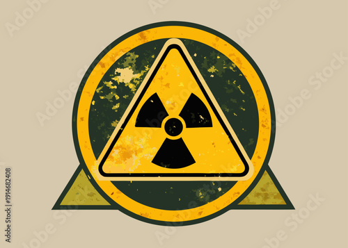 Grungy yellow triangular radiation hazard symbol with a black icon centered on a distressed circular background design.