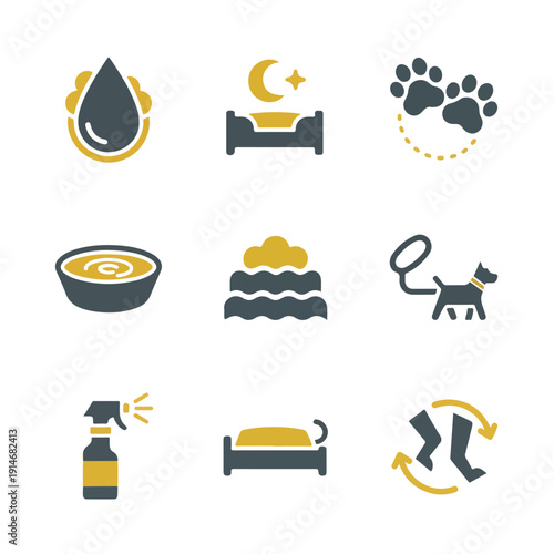 A grid of nine stylized icons in dark grey and yellow, depicting various aspects of pet care such as feeding, bathing, sleeping, walking, and hygiene.