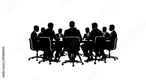 Business Meeting Silhouette Vector: Corporate Team of Professionals Discussing Strategy at Conference Table Illustration