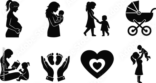 Motherhood and Baby Care Silhouette Icon Set featuring Pregnancy, Newborn Nursing, Parenting, and Maternity Health Elements for Graphic Design and Marketing