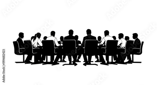 Corporate Boardroom Meeting Silhouette Vector Illustration. Team of Professionals and Executives Discussing Strategy.