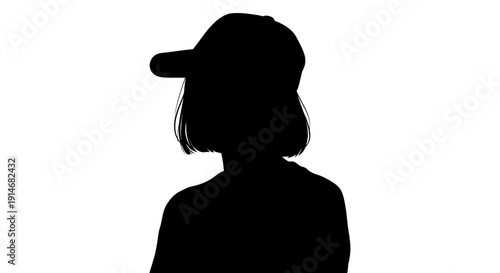 Minimalist silhouette of a young woman with bob haircut and baseball cap. Anonymous profile vector illustration on white background.