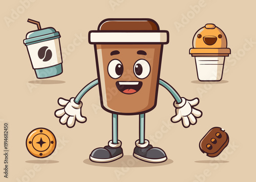 Retro cartoon coffee to go cup character standing smiling with hands open, surrounded by various beverages and snacks.