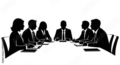 Corporate Boardroom Meeting Silhouette. Group of Business Professionals Collaborating at Conference Table. Black and White Vector Icon.