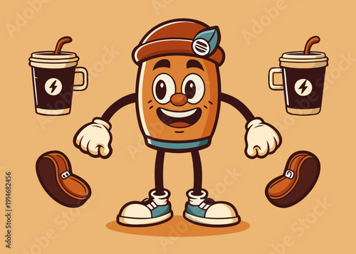 Retro cartoon coffee to go cup character standing with hands open, surrounded by additional coffee cups and beans.