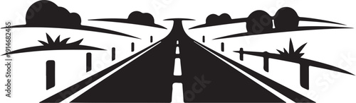 Black and white road with palm trees and hills in background