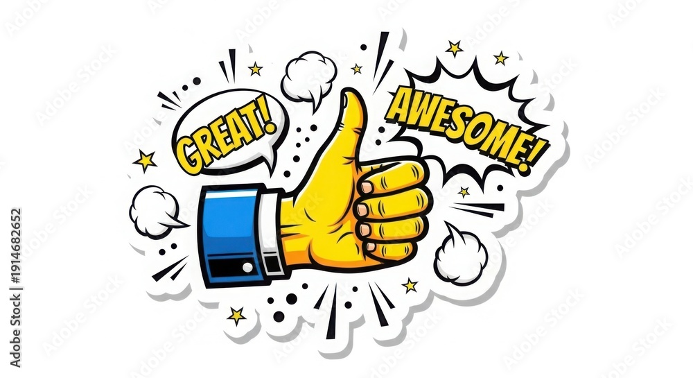 Obraz premium Bold comic-style sticker design featuring a thumbs-up hand gesture with energetic typography, flat vector illustration, high contrast