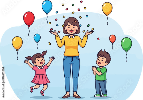 Happy mother playing with her children and colorful balloons.