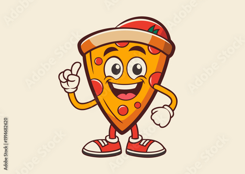 A happy retro cartoon pizza slice character wearing a hat smiles and points a finger upwards.