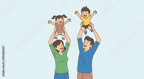 Happy family with parents playing with their children.