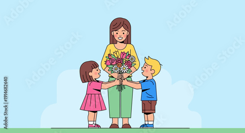 Children giving flowers to their smiling mother outdoors.