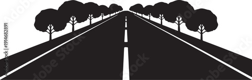 Black and white road with trees and dashed center line