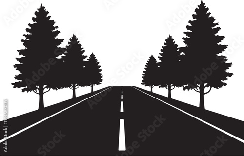 Black and white road with trees and double yellow lines