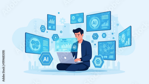 Businessman working with AI technology on laptop in modern office